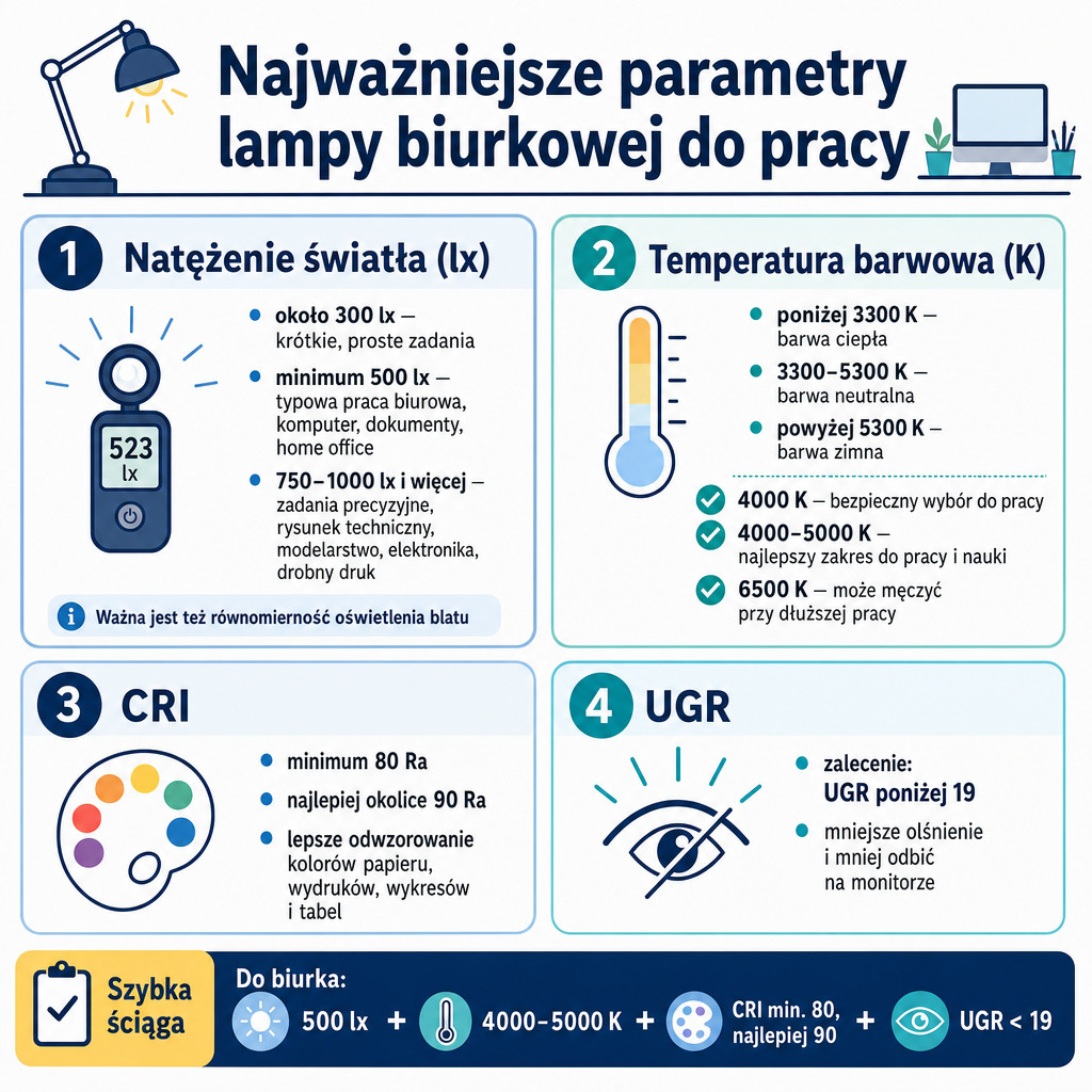 Porównanie parametrów lampy biurkowej: lx, Kelwiny, CRI i UGR z zalecanymi wartościami do pracy.