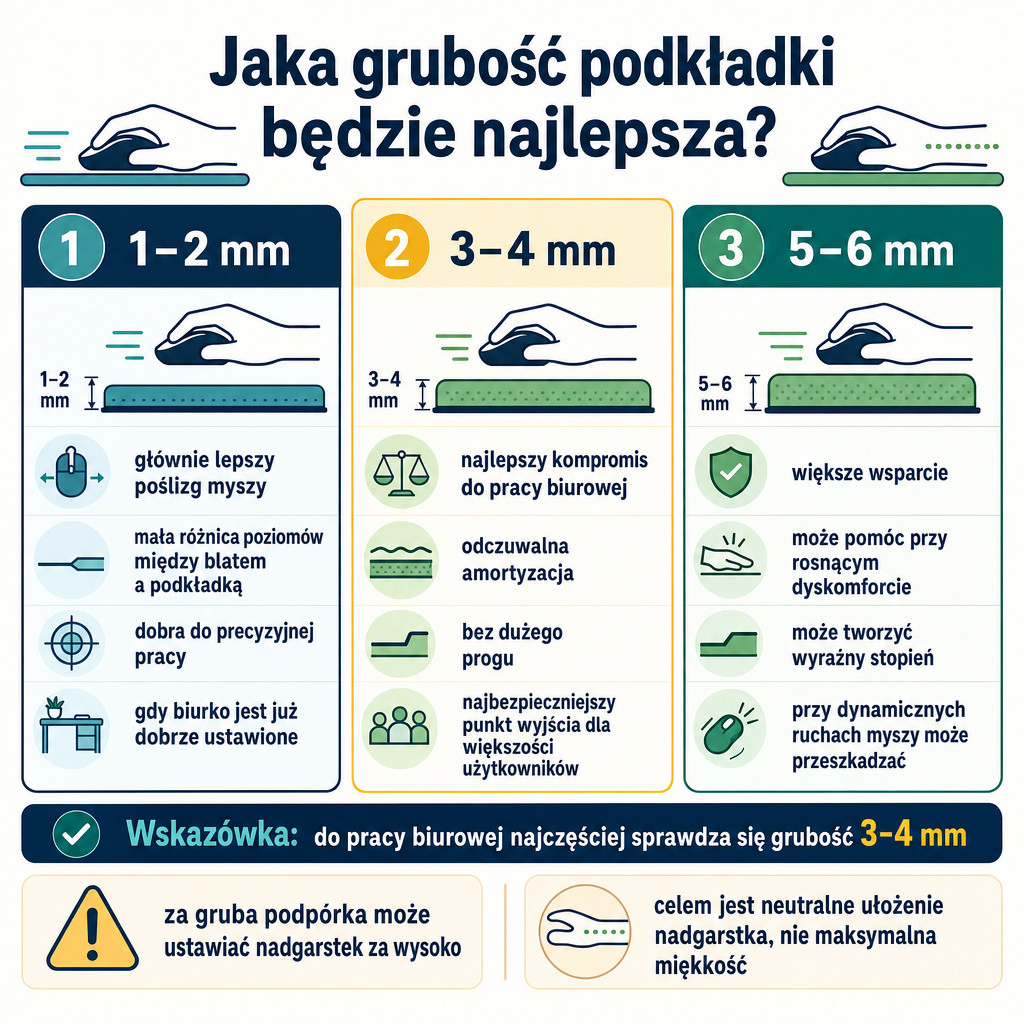 Porównanie grubości podkładki ergonomicznej 1–2 mm, 3–4 mm i 5–6 mm.