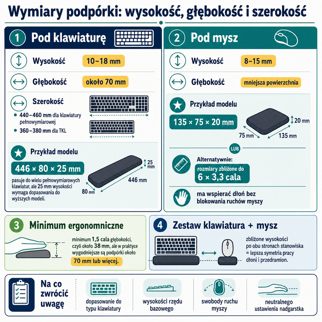 Porównanie wymiarów podpórek pod nadgarstek do klawiatury i myszy.