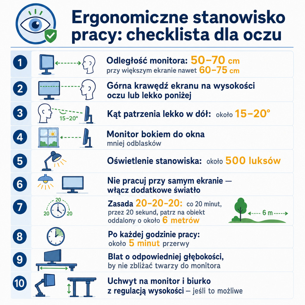 Checklista ergonomicznego stanowiska pracy przy komputerze dla ochrony wzroku