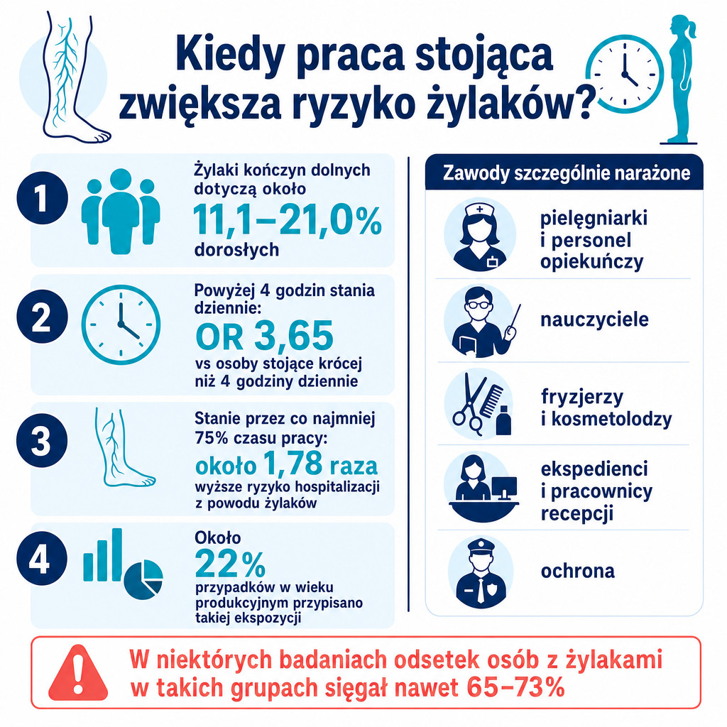 Statystyki pokazujące, kiedy praca stojąca zwiększa ryzyko żylaków i które zawody są najbardziej narażone.