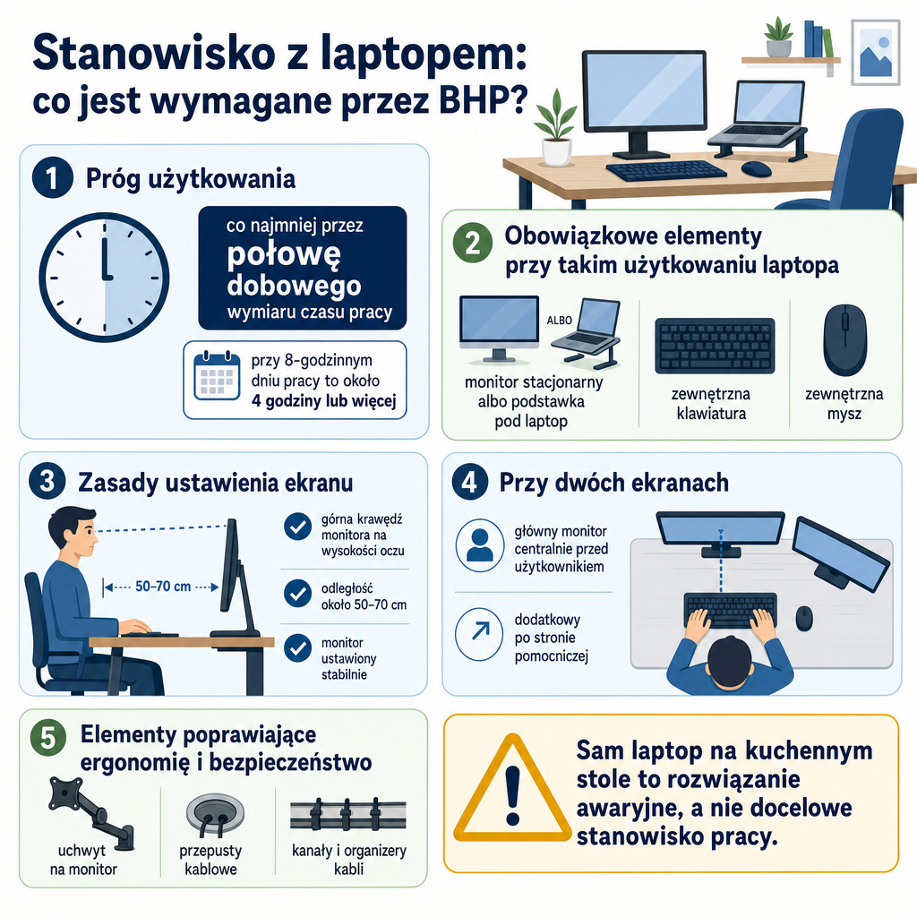 Infografika o wymaganym wyposażeniu stanowiska do pracy na laptopie zgodnie z zasadami BHP.