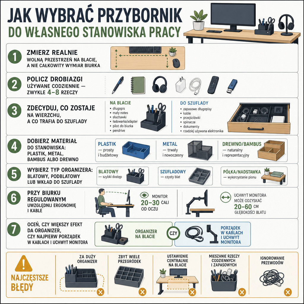 Checklist wyboru przybornika na biurko z krokami, typami organizerów i zasadami ergonomii.