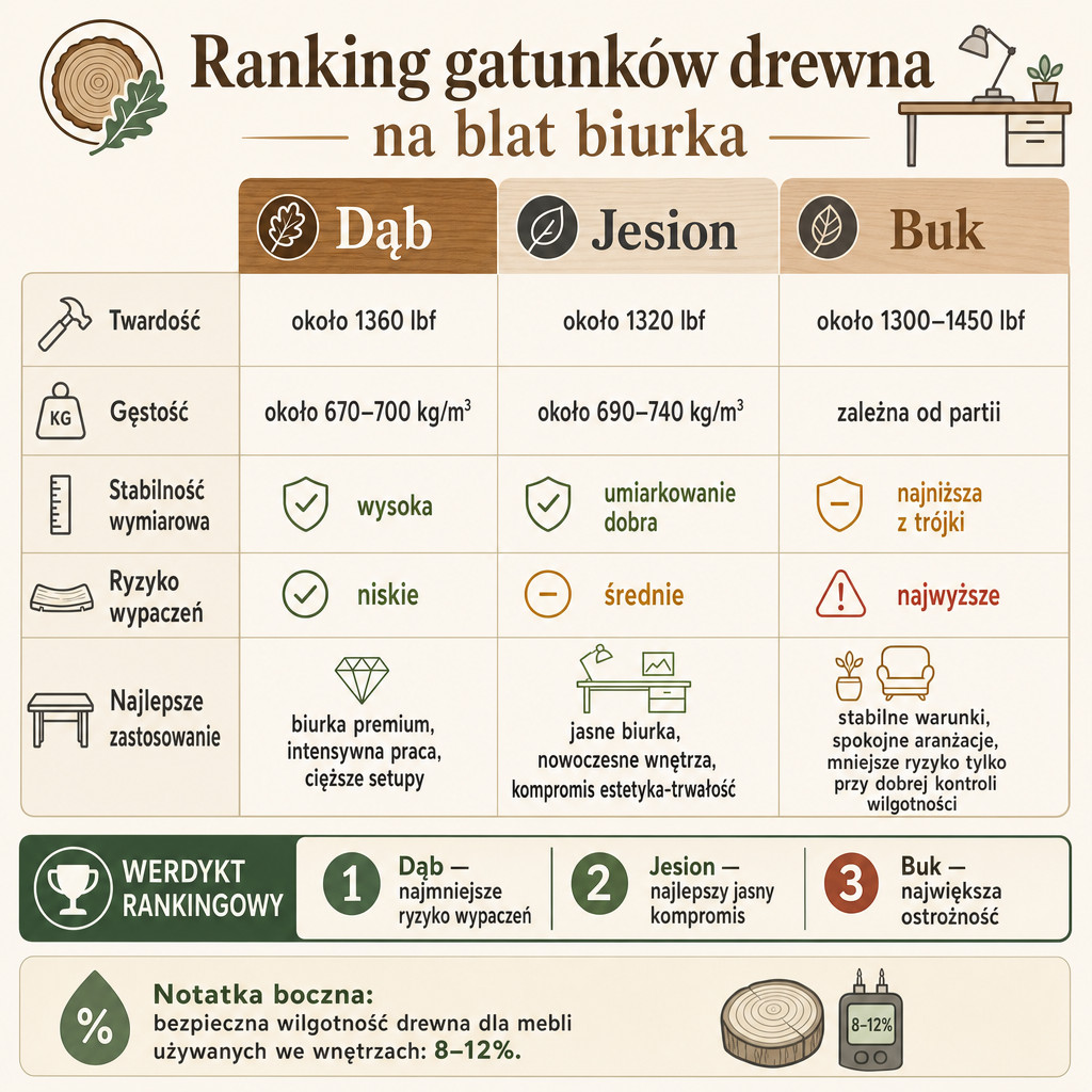Porównanie dębu, jesionu i buku na blat biurka z rankingiem stabilności i ryzyka wypaczeń.