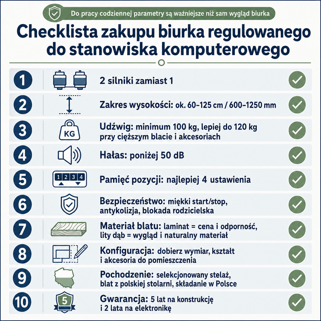 Checklista najważniejszych parametrów przy zakupie biurka regulowanego do stanowiska komputerowego.