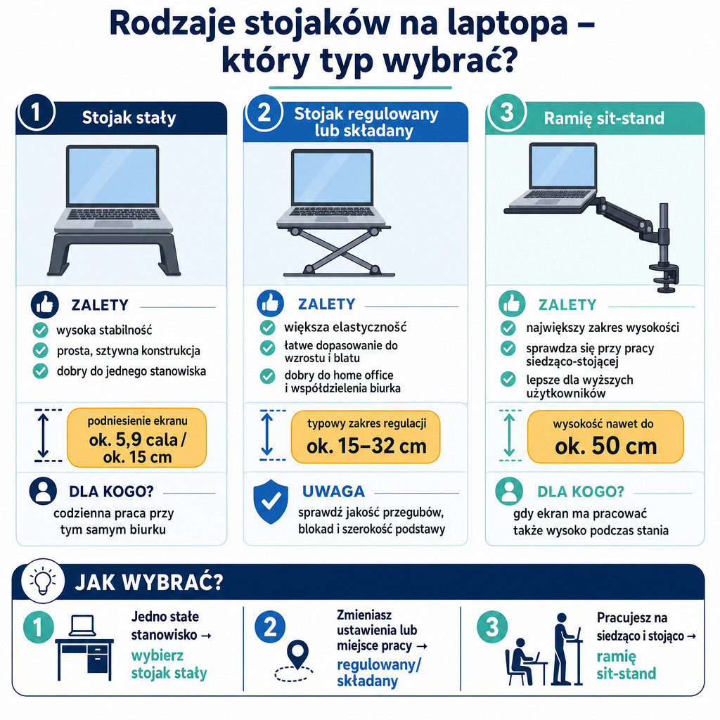 Porównanie typów stojaków na laptopa: stały, regulowany i ramię sit-stand