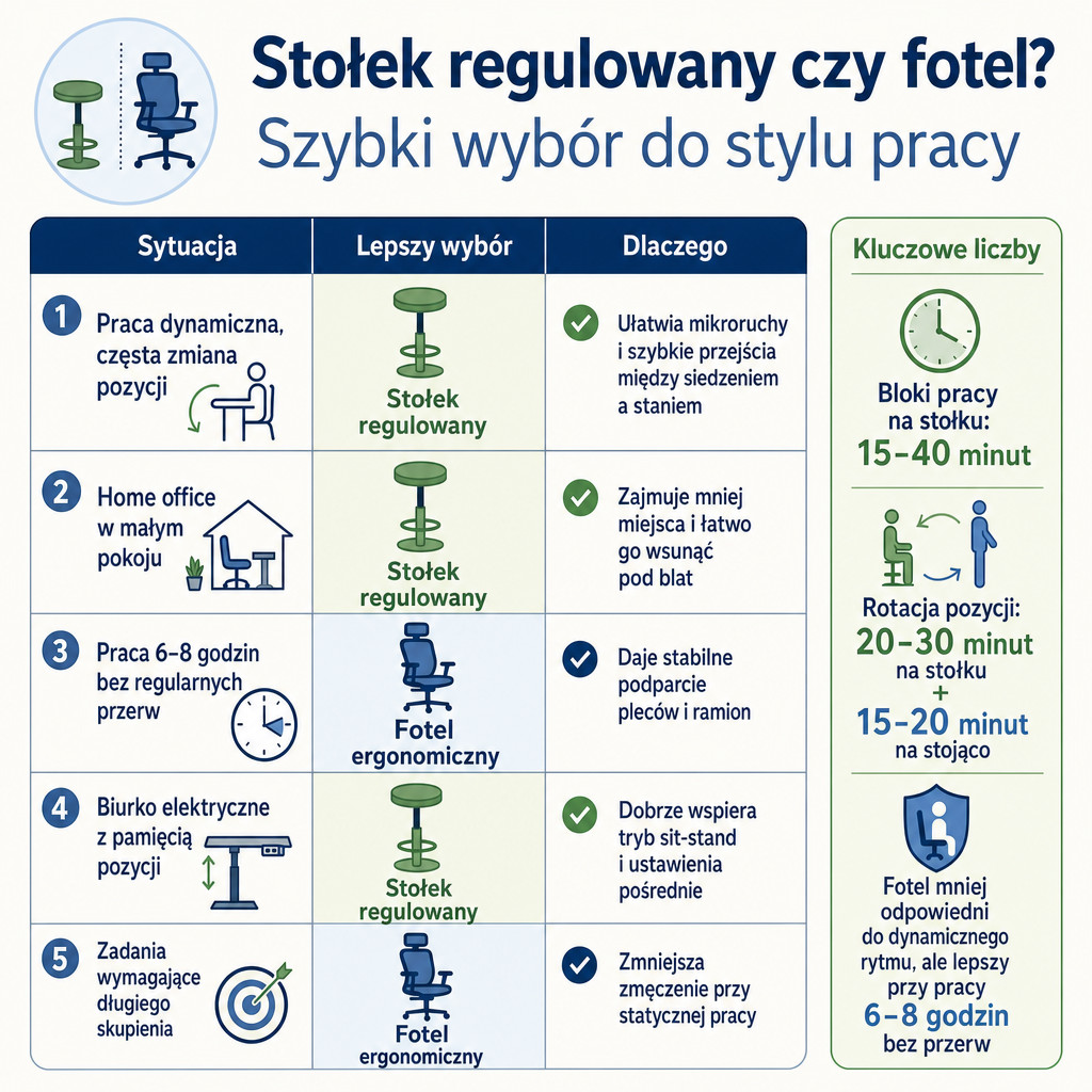 Porównanie sytuacji, w których lepszy jest stołek regulowany lub fotel ergonomiczny.