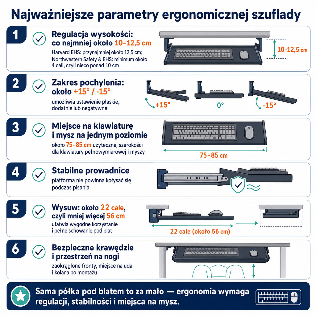 Checklista parametrów ergonomicznej szuflady na klawiaturę z zakresem regulacji i miejscem na mysz