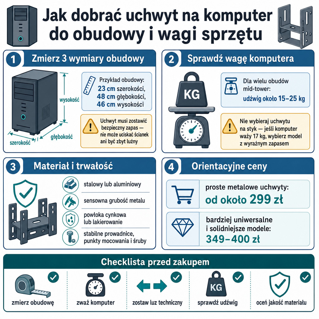 Infografika pokazująca, jak dobrać uchwyt na komputer do wymiarów, wagi i budżetu.
