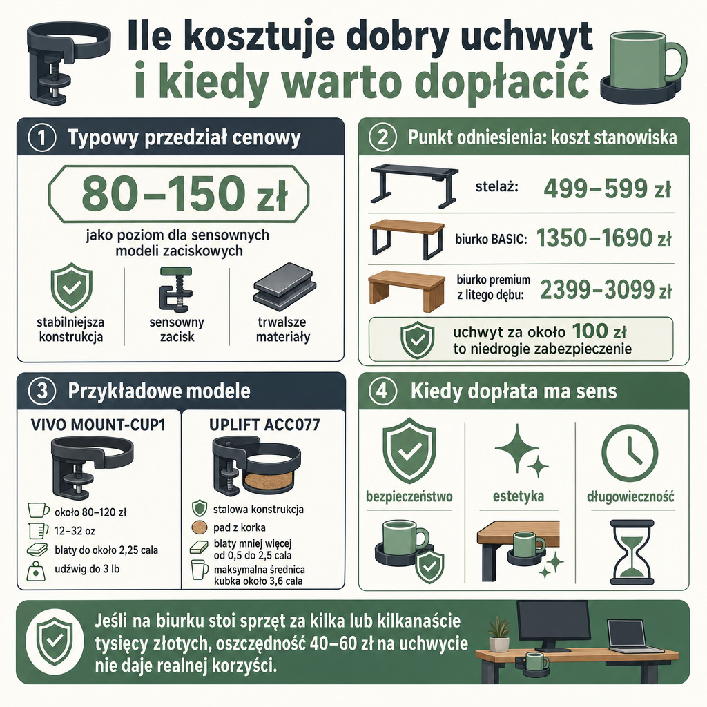Porównanie cen i parametrów uchwytów na kubek do biurka oraz momentów, kiedy warto dopłacić.