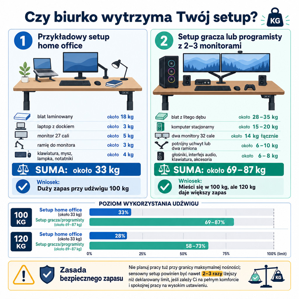 Porównanie obciążenia biurka dla home office oraz setupu z 2–3 monitorami względem udźwigu 100 kg i 120 kg.