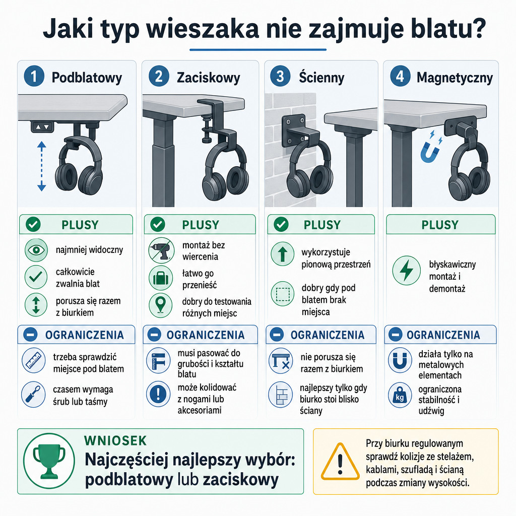 Porównanie typów wieszaków na słuchawki do biurka regulowanego
