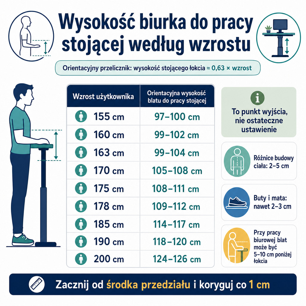 Tabela orientacyjnej wysokości biurka stojącego według wzrostu użytkownika.