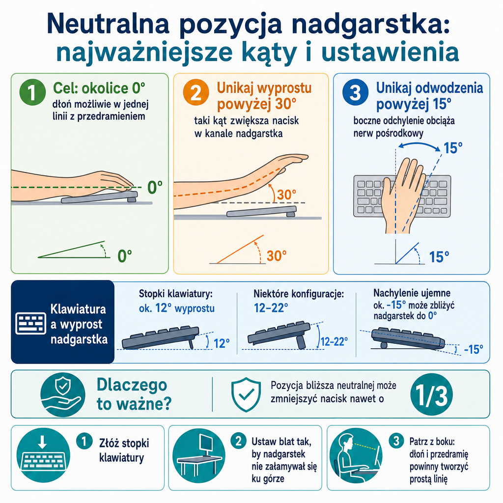 Infografika pokazująca bezpieczne kąty ustawienia nadgarstka i wpływ nachylenia klawiatury na wyprost dłoni.